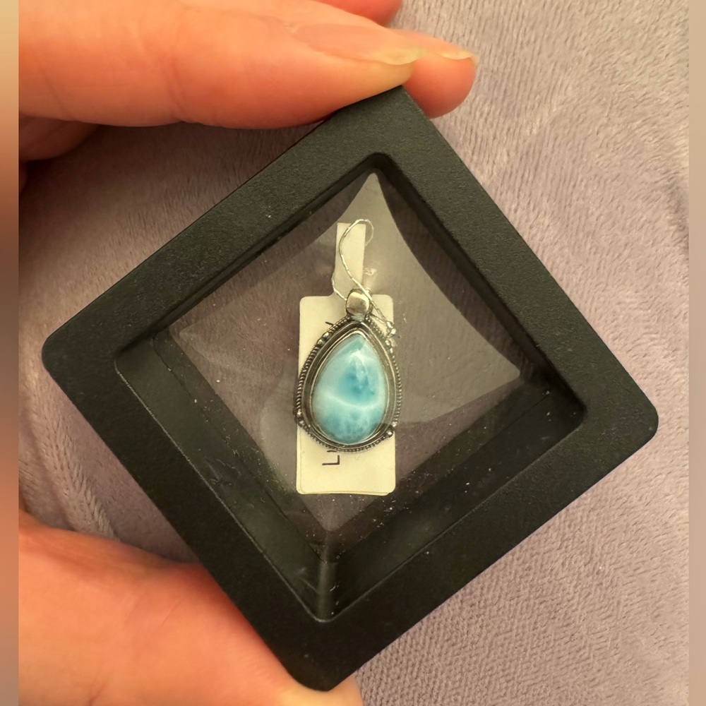925 silver Larimar teardrop pear pendant blue crystal gemstone bezel set antique - Picture 2 of 6